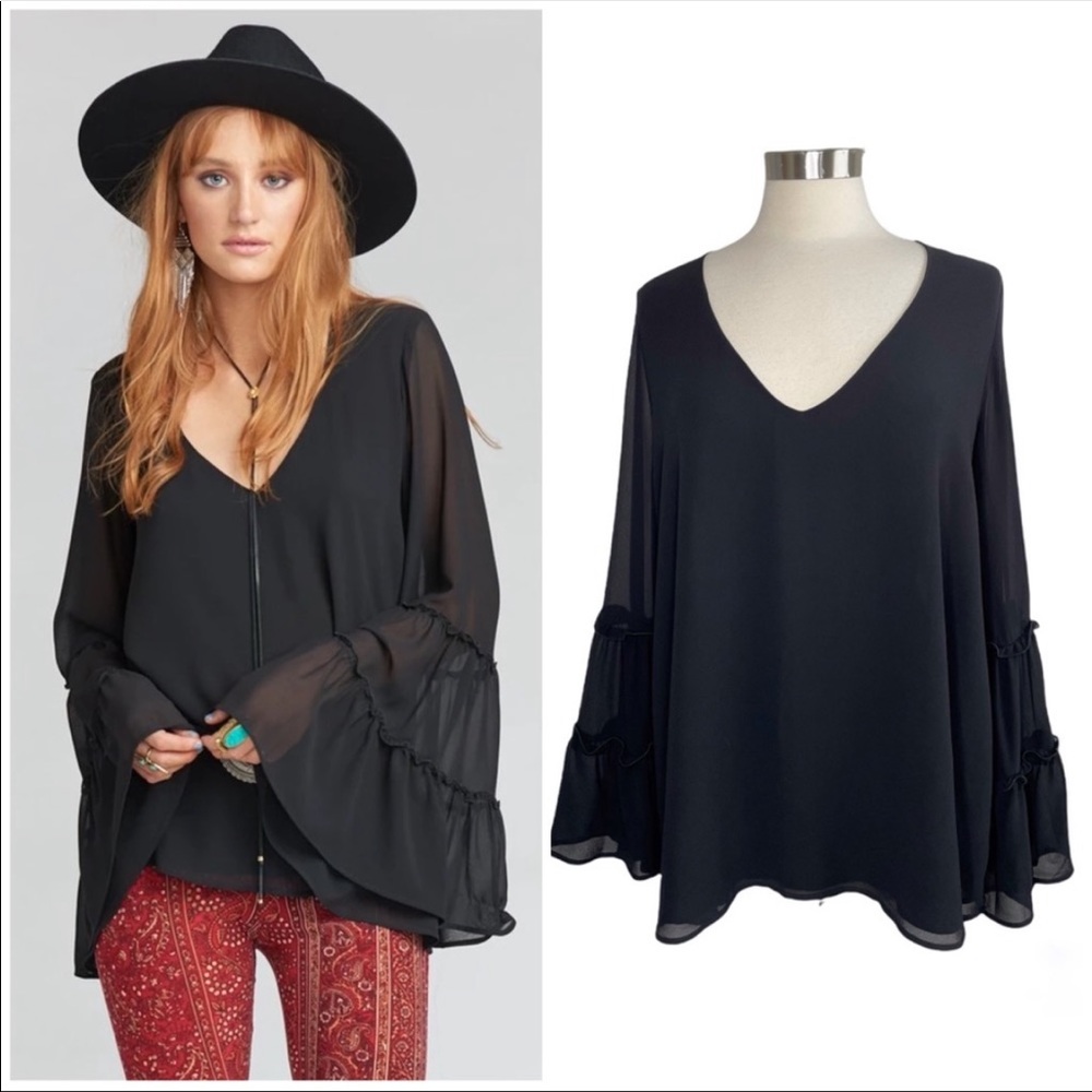 Show Me Your Mumu | Nicolette Ruffle Bell Sleeve Black Chiffon Top size XL